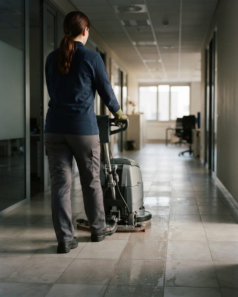 Femme de dos guidant une autolaveuse sur le carrelage mouillé d'un couloir de bureaux