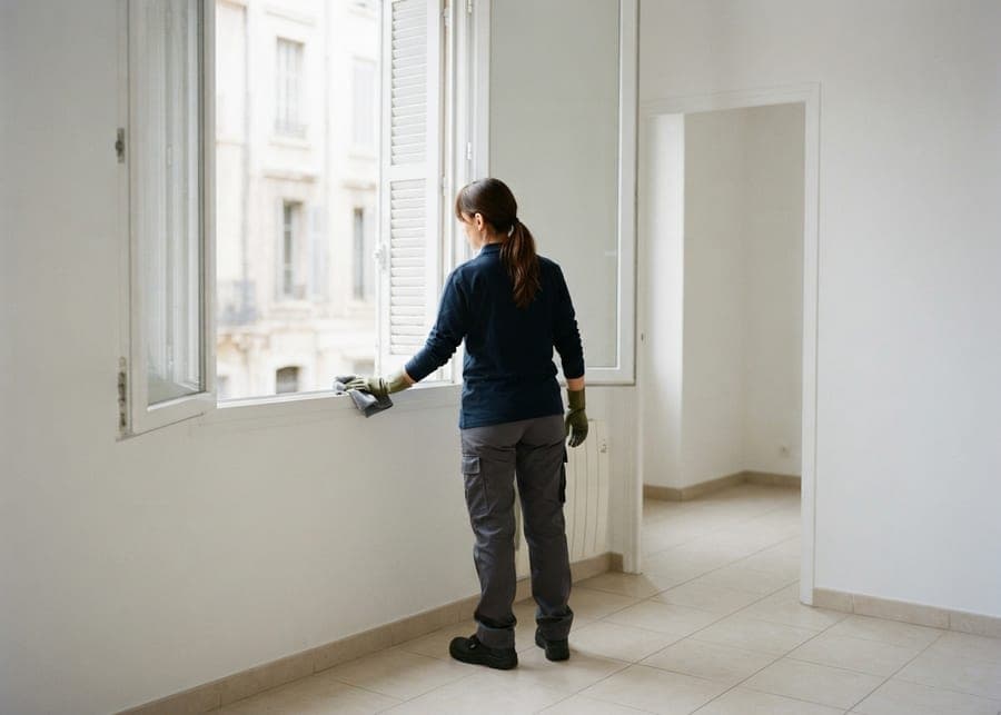 Femme essuyant le rebord d'une fenêtre ouverte dans un appartement vide aux murs blancs