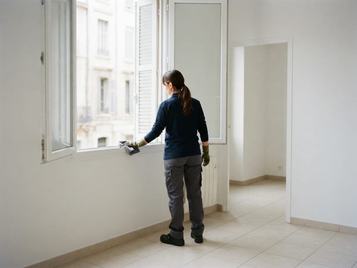Femme essuyant le rebord d'une fenêtre ouverte dans un appartement vide aux murs blancs