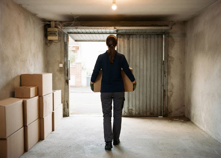 Femme portant un carton fermé hors d'un box de garage à moitié vidé