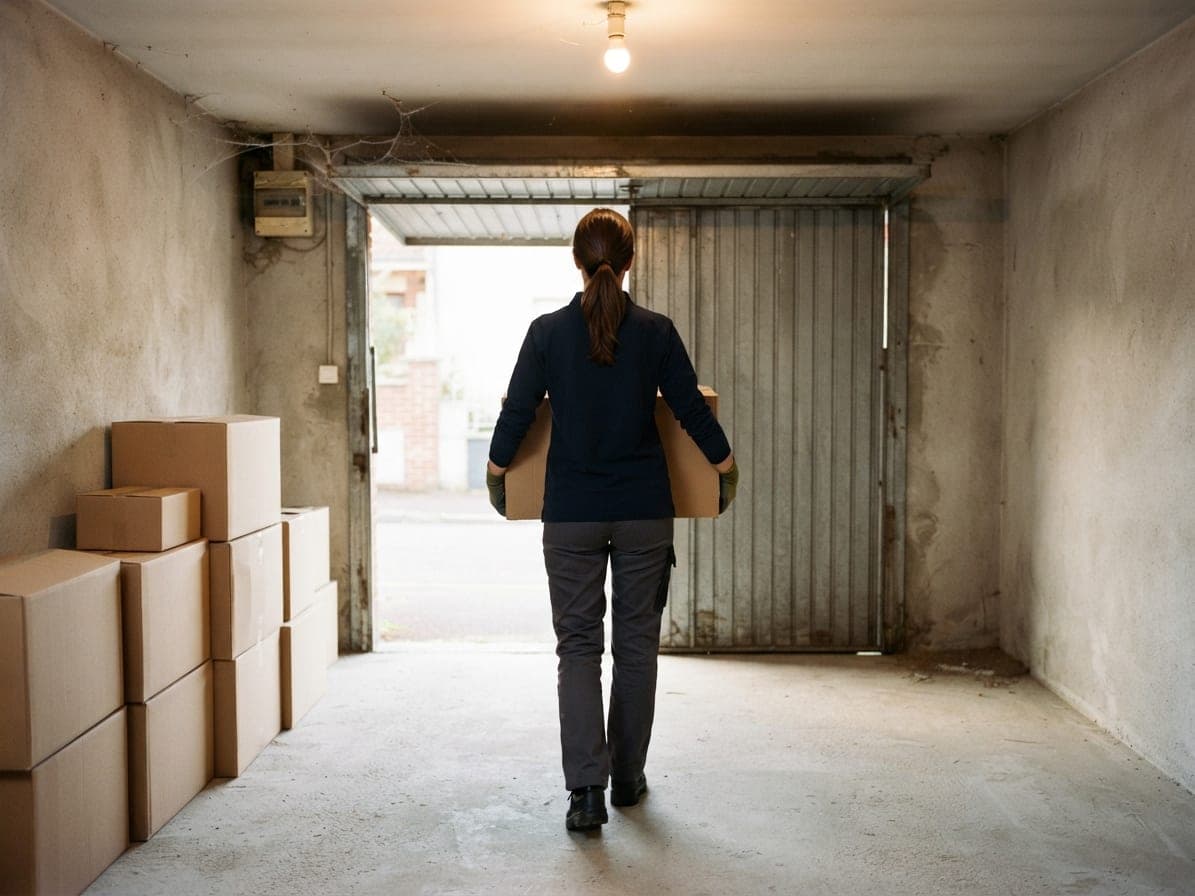 Femme portant un carton fermé hors d'un box de garage à moitié vidé