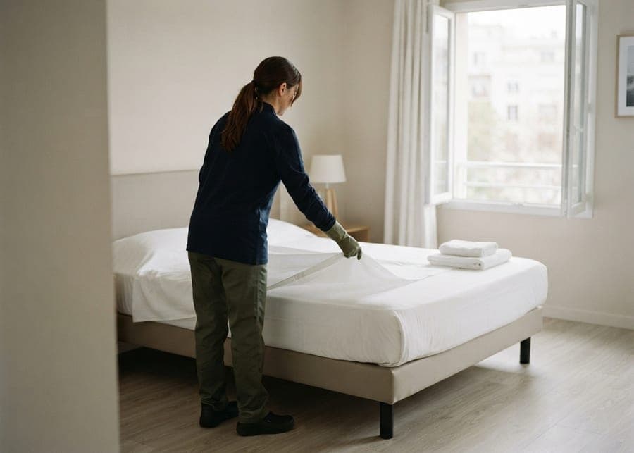 Femme faisant un lit aux draps blancs dans un studio meublé, serviettes pliées au pied du lit