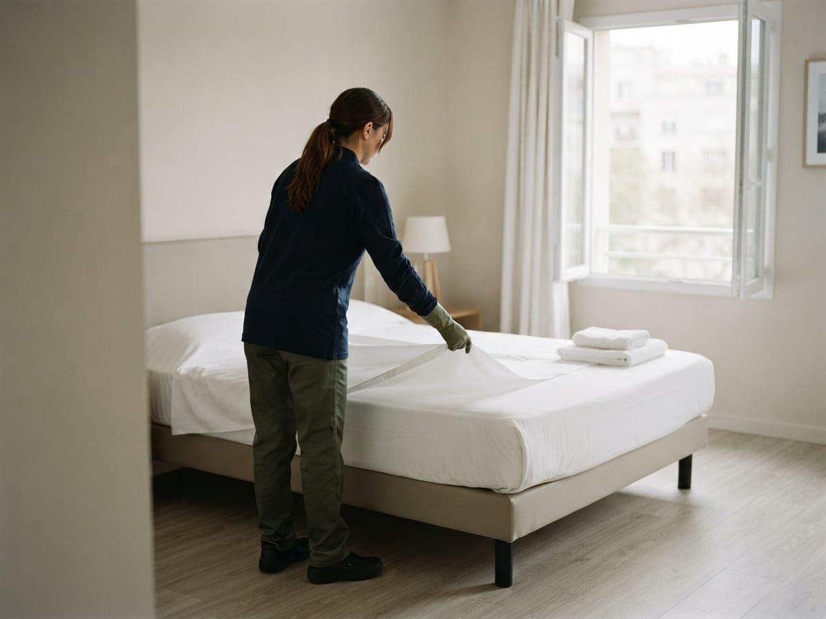 Femme faisant un lit aux draps blancs dans un studio meublé, serviettes pliées au pied du lit