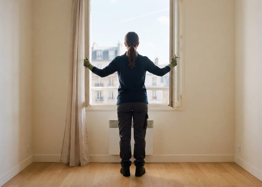 Femme de dos ouvrant grand la fenêtre d'une chambre vide au parquet clair et au rideau de lin