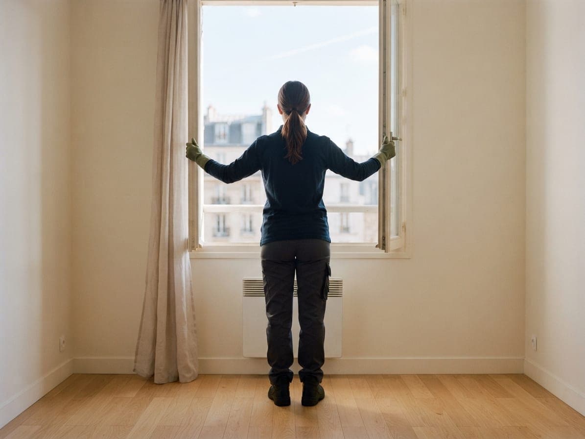 Femme de dos ouvrant grand la fenêtre d'une chambre vide au parquet clair et au rideau de lin
