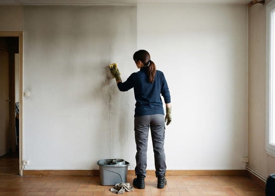 Femme de dos lessivant avec une éponge un mur blanc dont la moitié gauche reste grisée de suie, seau gris à ses pieds