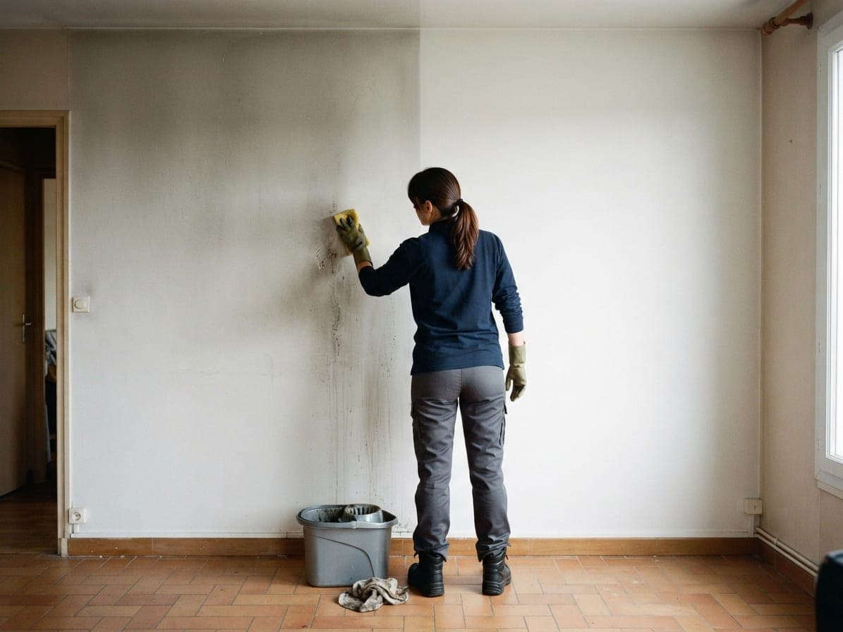 Femme de dos lessivant avec une éponge un mur blanc dont la moitié gauche reste grisée de suie, seau gris à ses pieds