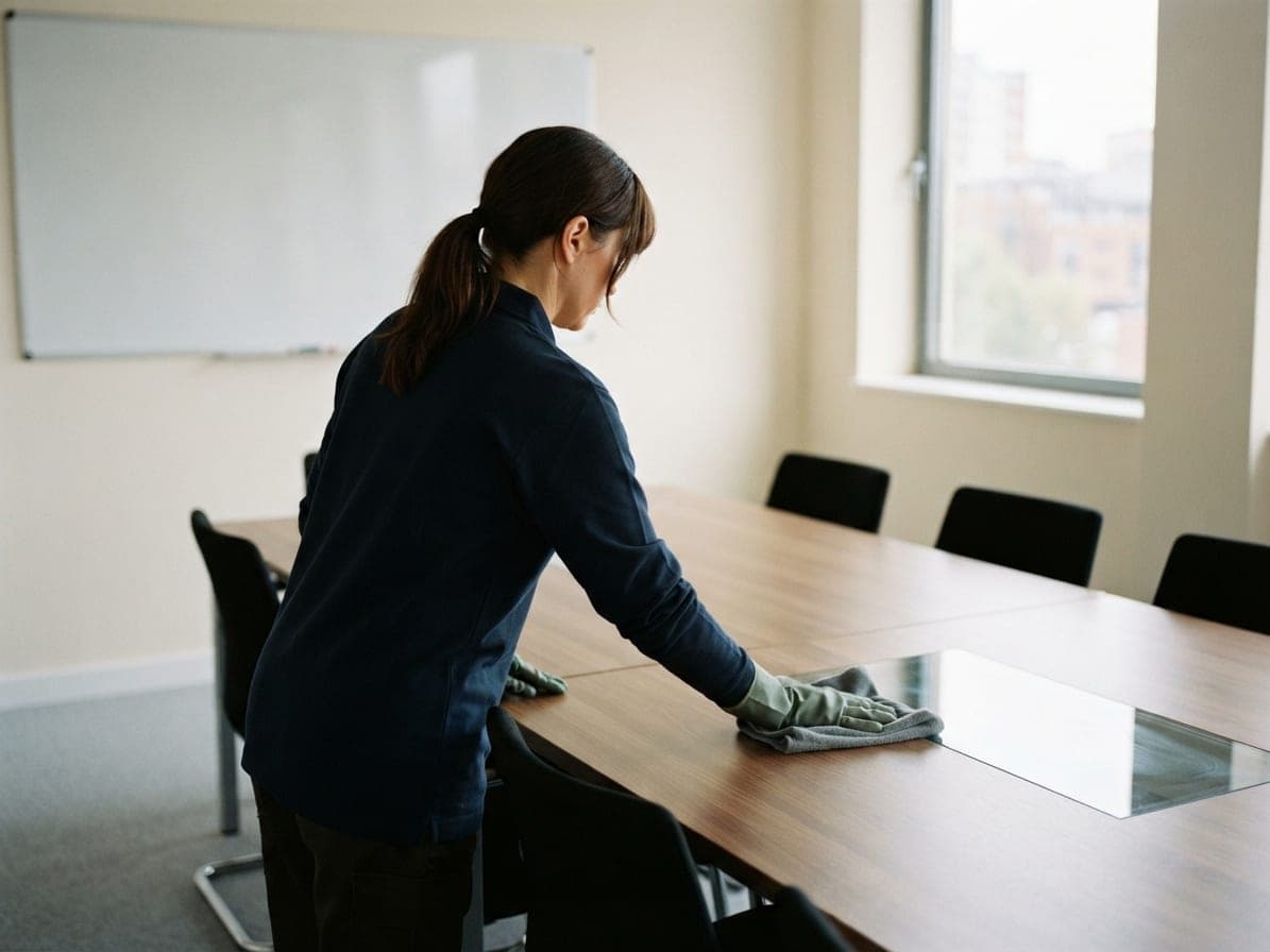 Femme essuyant avec une microfibre la grande table d'une salle de réunion, tableau blanc effacé au fond