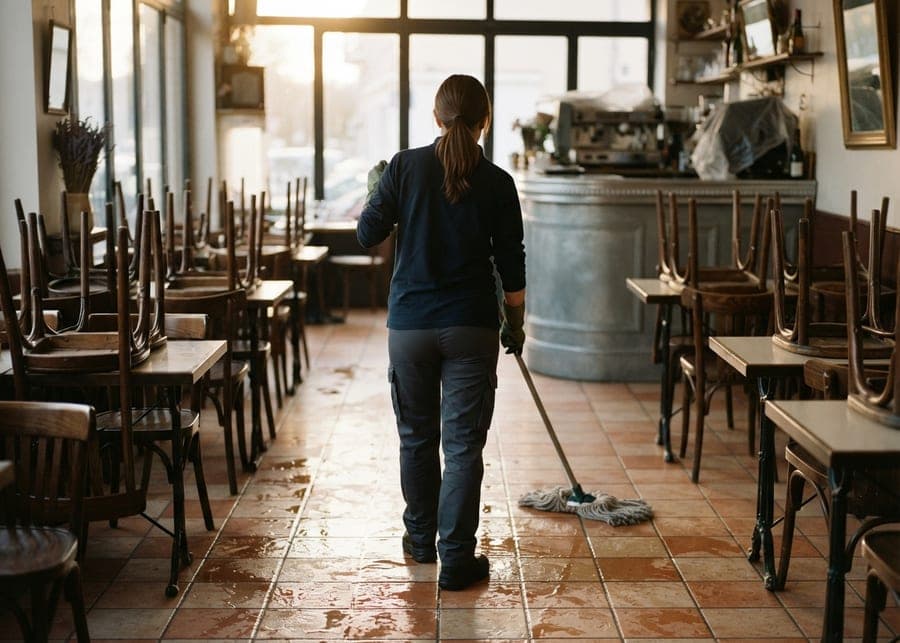 Femme passant une serpillière dans la salle d'un café aux chaises retournées sur les tables