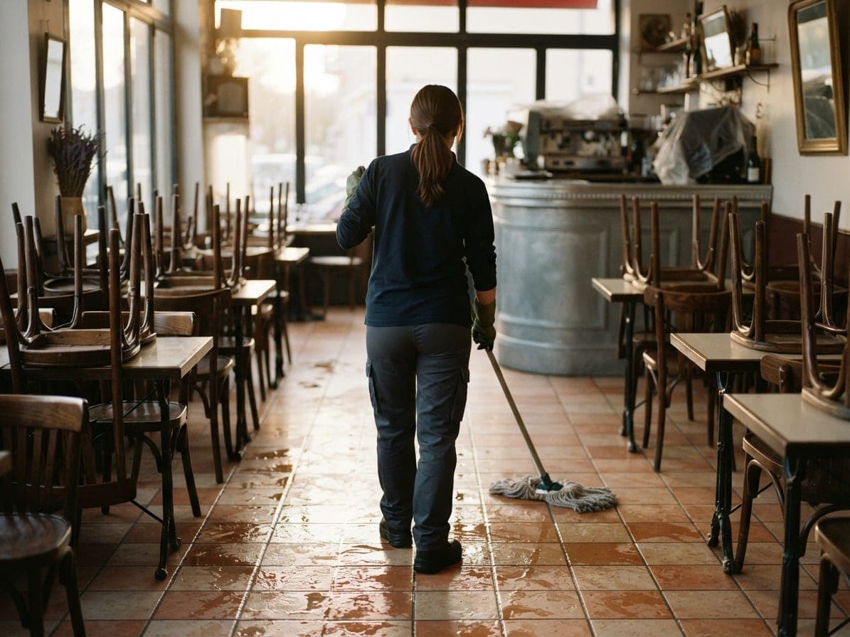Femme passant une serpillière dans la salle d'un café aux chaises retournées sur les tables