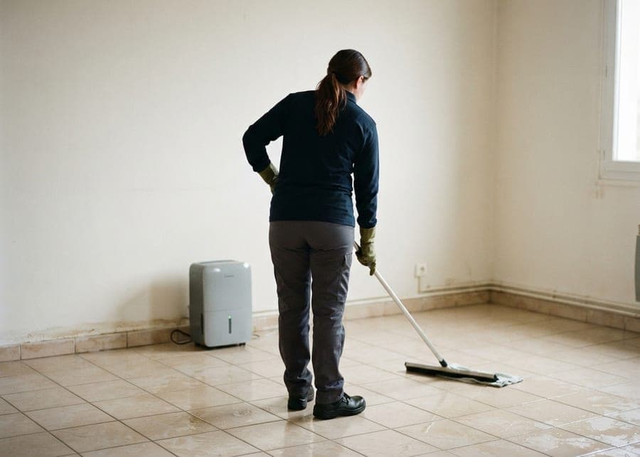 Femme passant une raclette de sol sur un carrelage encore humide, déshumidificateur gris contre le mur