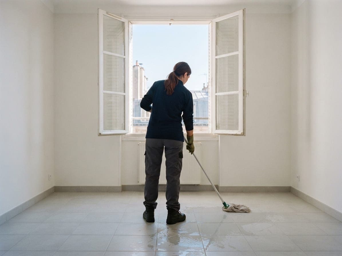 Femme passant la serpillière sur le carrelage d'une pièce vide aux murs blancs, fenêtre grande ouverte