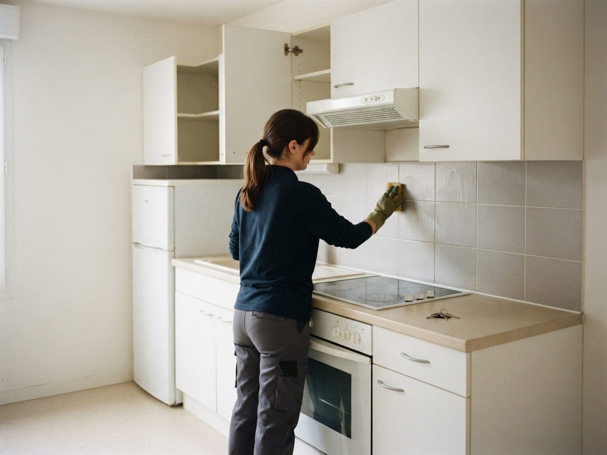 Femme dégraissant la crédence d'une cuisine vide, placards ouverts et trousseau de clés sur le plan de travail