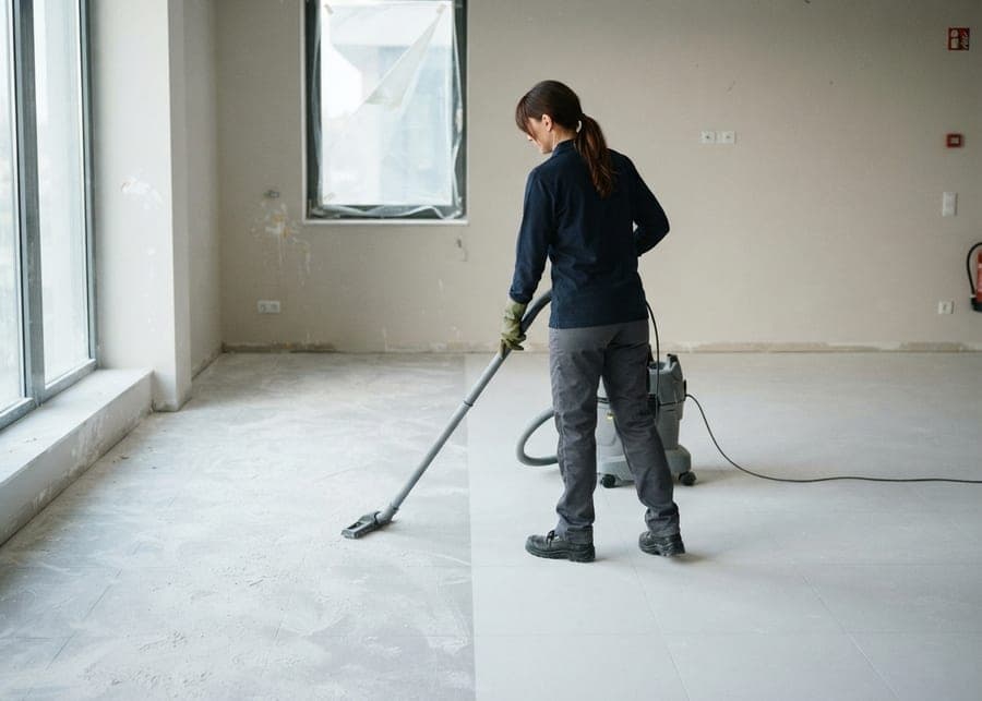 Femme passant l'aspirateur de chantier sur un sol poussiéreux, une moitié nettoyée et l'autre encore blanche de plâtre