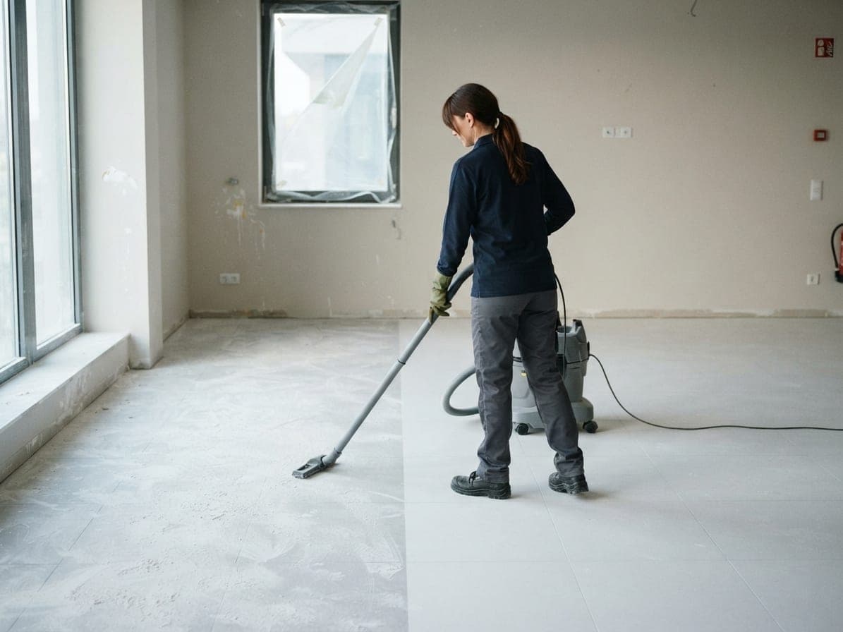 Femme passant l'aspirateur de chantier sur un sol poussiéreux, une moitié nettoyée et l'autre encore blanche de plâtre