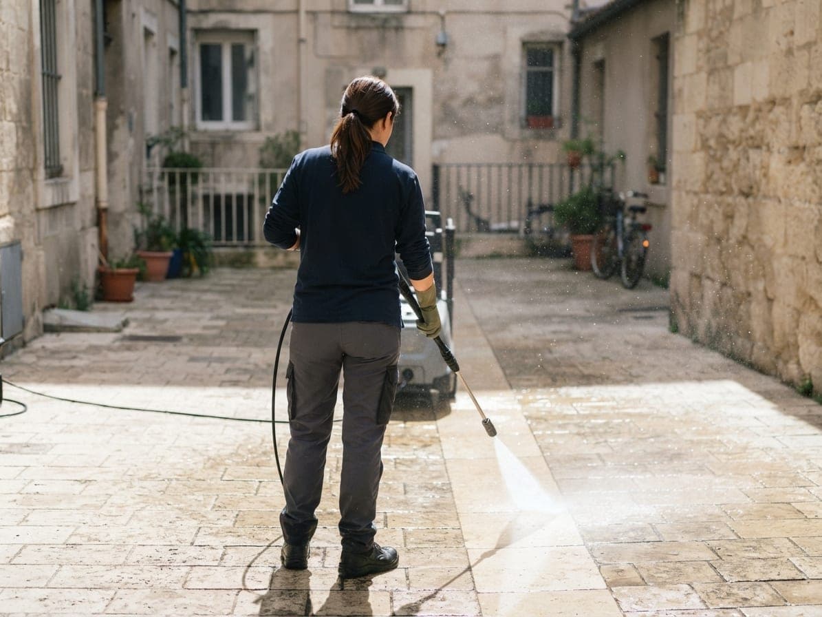 Femme lavant au nettoyeur haute pression les pavés de pierre d'une cour intérieure