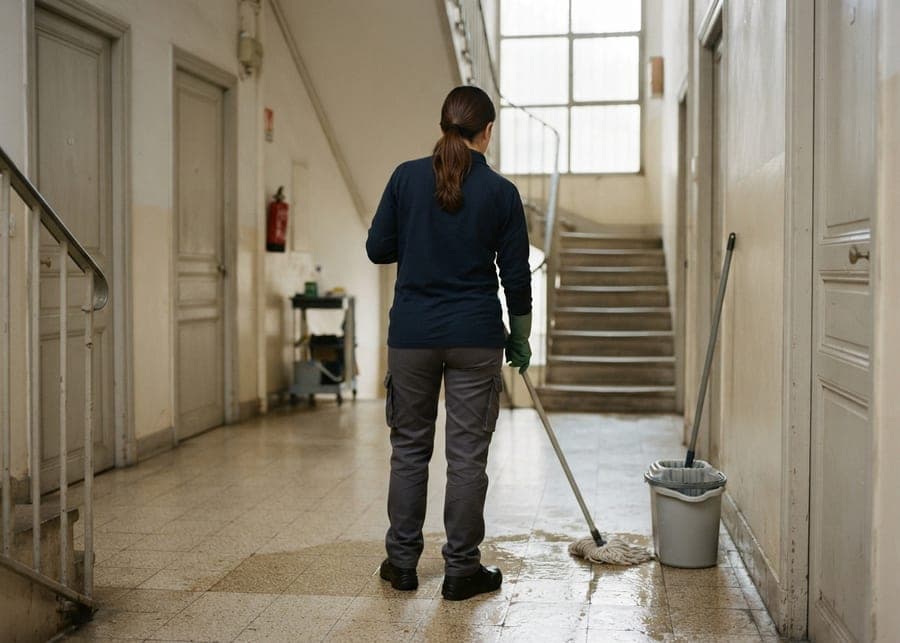 Femme lavant à la serpillière le palier carrelé d'un escalier d'immeuble, seau gris contre le mur