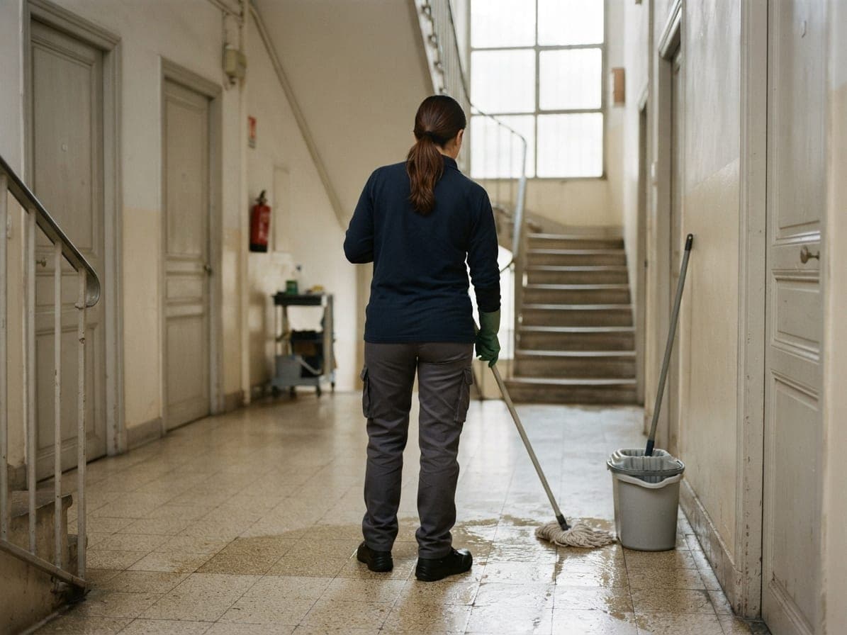 Femme lavant à la serpillière le palier carrelé d'un escalier d'immeuble, seau gris contre le mur