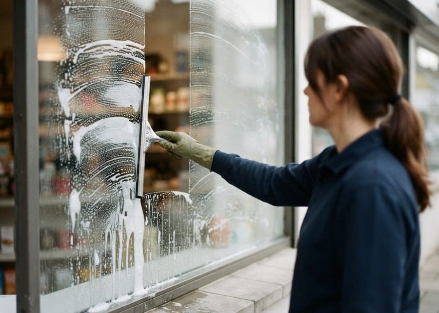 Bras ganté tenant une raclette sur une vitrine mousseuse, bande déjà claire à côté