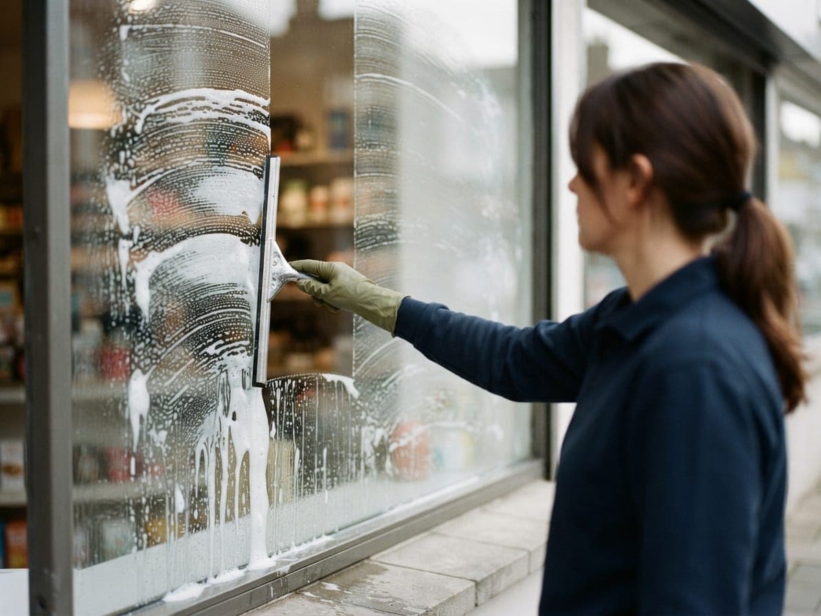 Bras ganté tenant une raclette sur une vitrine mousseuse, bande déjà claire à côté