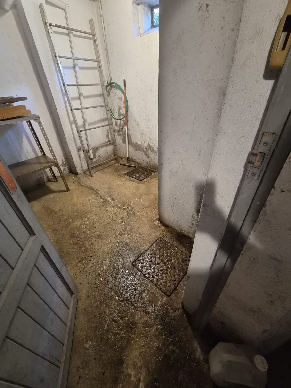 Couloir étroit de sous-sol avec une échelle et un avaloir au sol