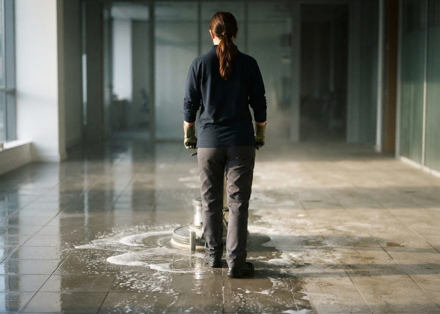 Femme guidant une monobrosse sur un sol de hall couvert de mousse, moitié rincée brillante