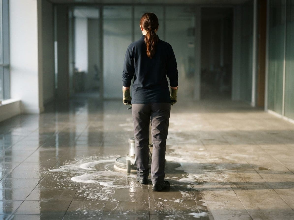 Femme guidant une monobrosse sur un sol de hall couvert de mousse, moitié rincée brillante