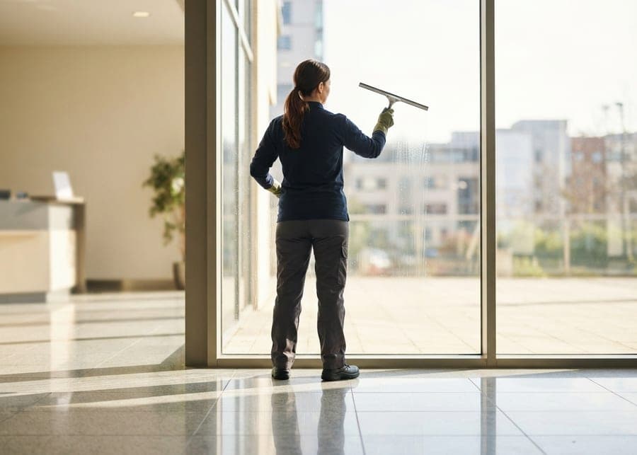 Femme passant une raclette sur une grande baie vitrée dans le hall d'une entreprise, sol brillant