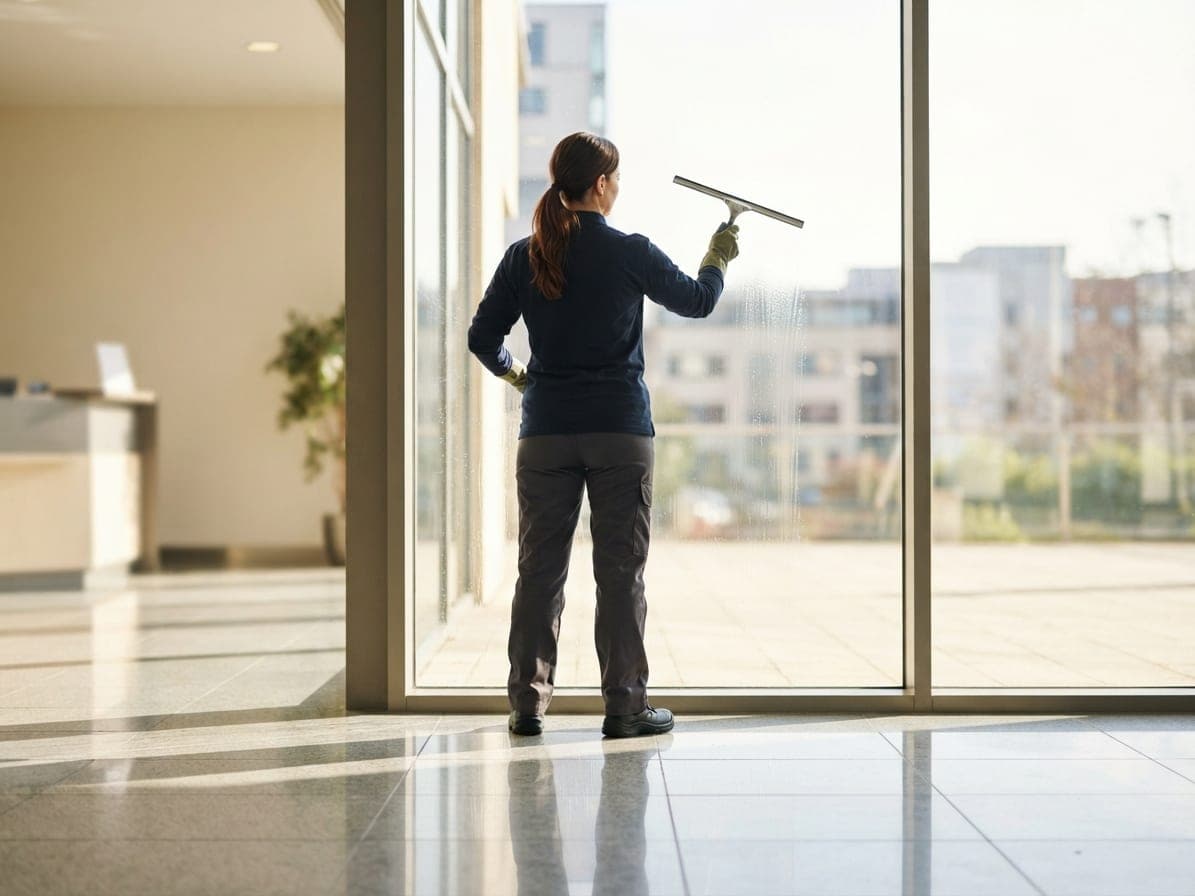 Femme passant une raclette sur une grande baie vitrée dans le hall d'une entreprise, sol brillant